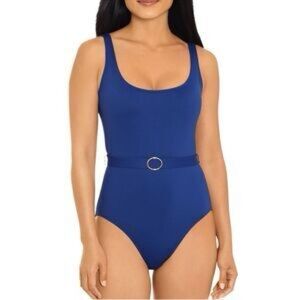 LAUREN RALPH LAUREN Belted Underwire Tummy-Control One-Piece Swimsuit in Navy